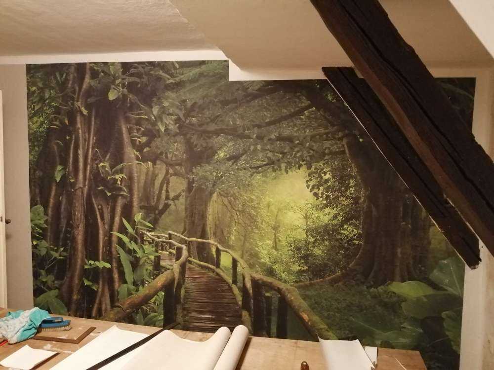 Ponte di legno attraverso una giungla verde