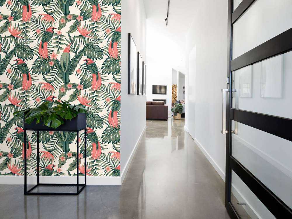 Piante tropicali, fiori e uccelli