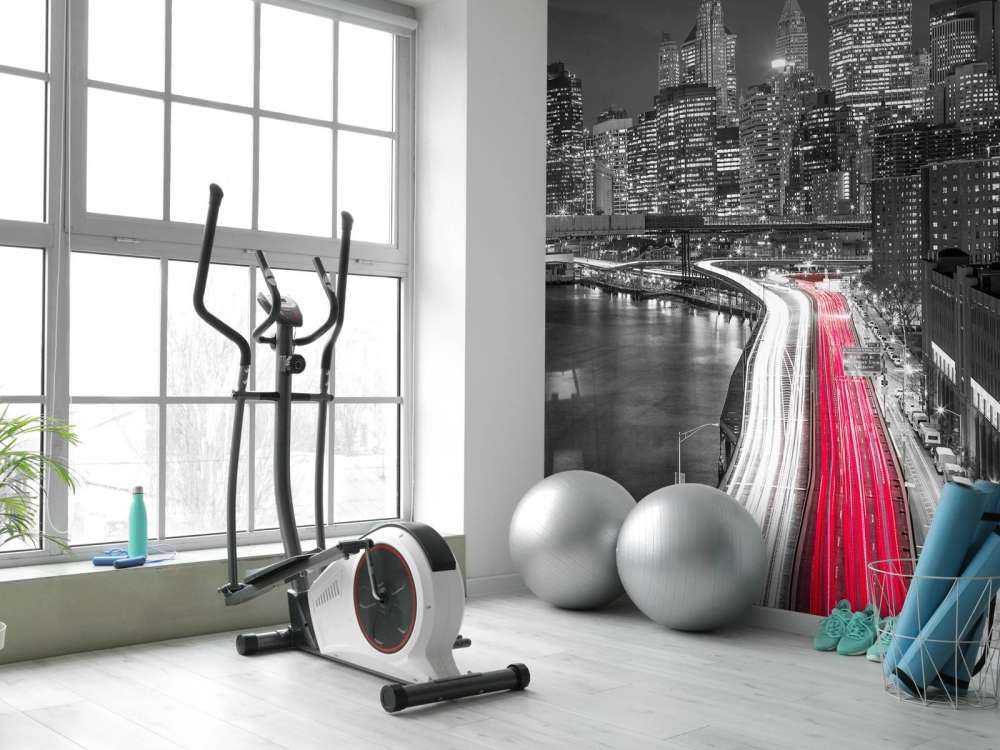 Strip lights on streets of Manhattan by east river, New York