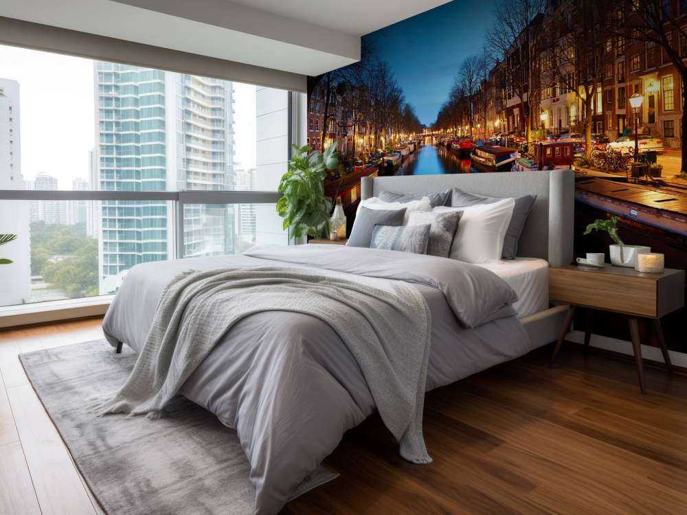 Case galleggianti lungo il canale illuminato