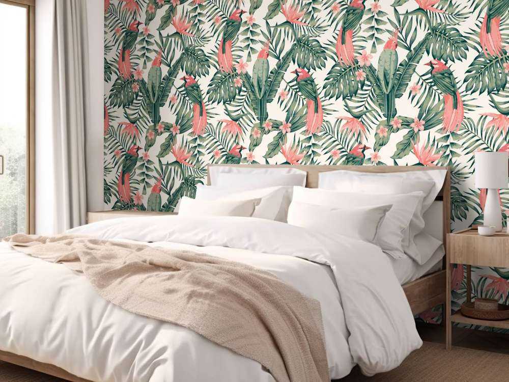 Piante tropicali, fiori e uccelli