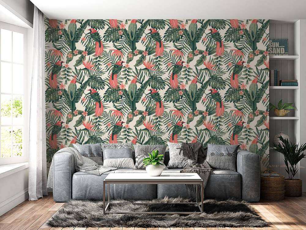 Piante tropicali, fiori e uccelli