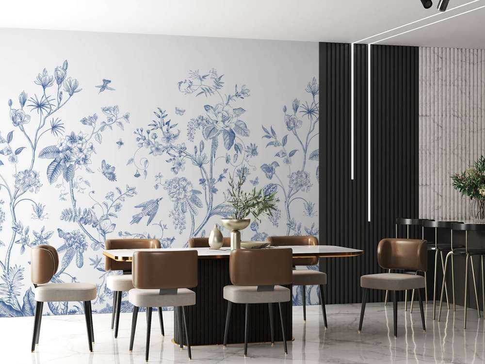 Illustrazione floreale, blu e bianco