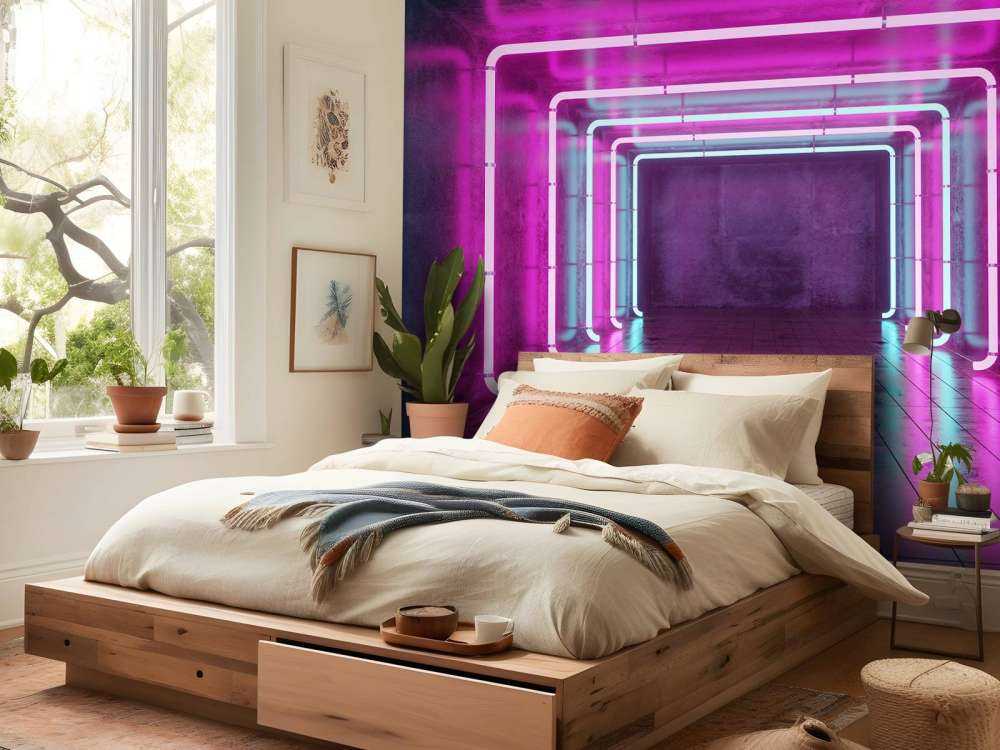 Stanza di cemento con luci al neon