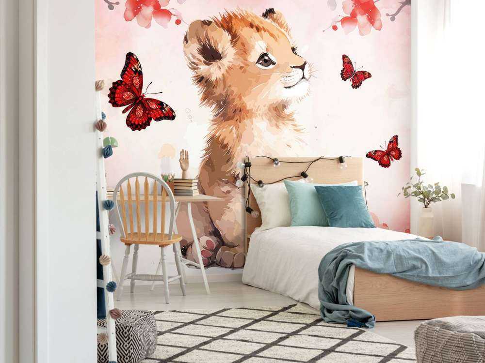 Dromerige leeuwenwelp en vlinders