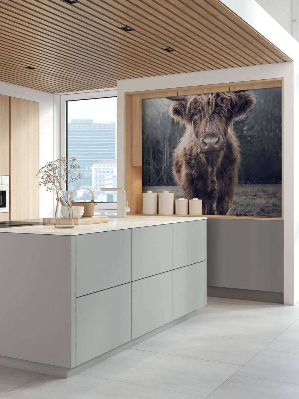 Highlander scozzese vicino alla foresta