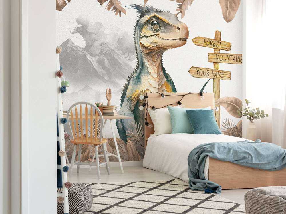 Baby velociraptor nella giungla taupe