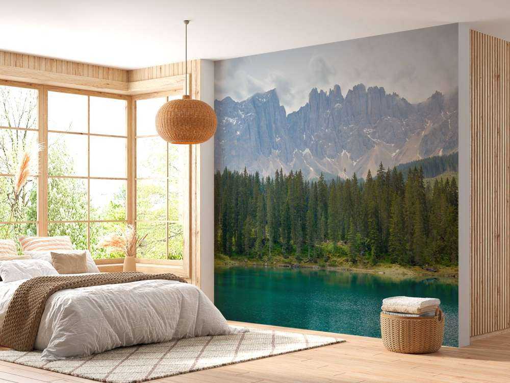 Filare di alberi vicino a un lago di montagna