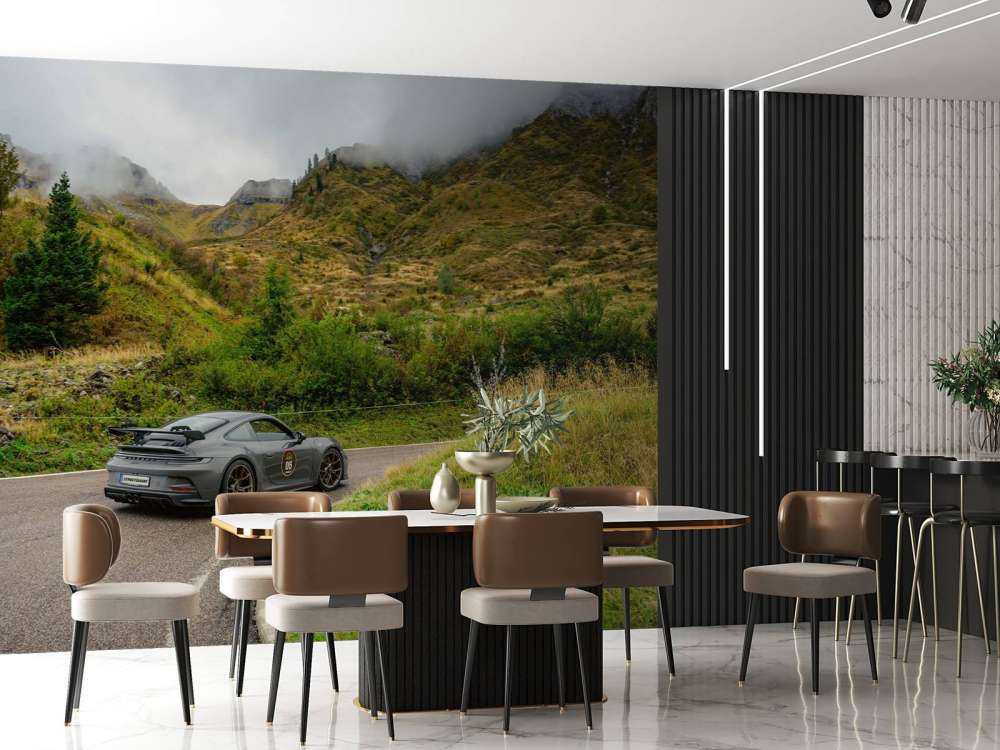 Sportwagen porta nebbia di montagna