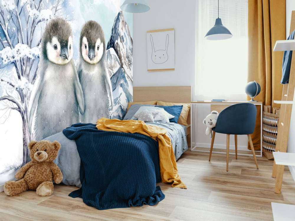 Pinguini ombrosi in paesaggio invernale