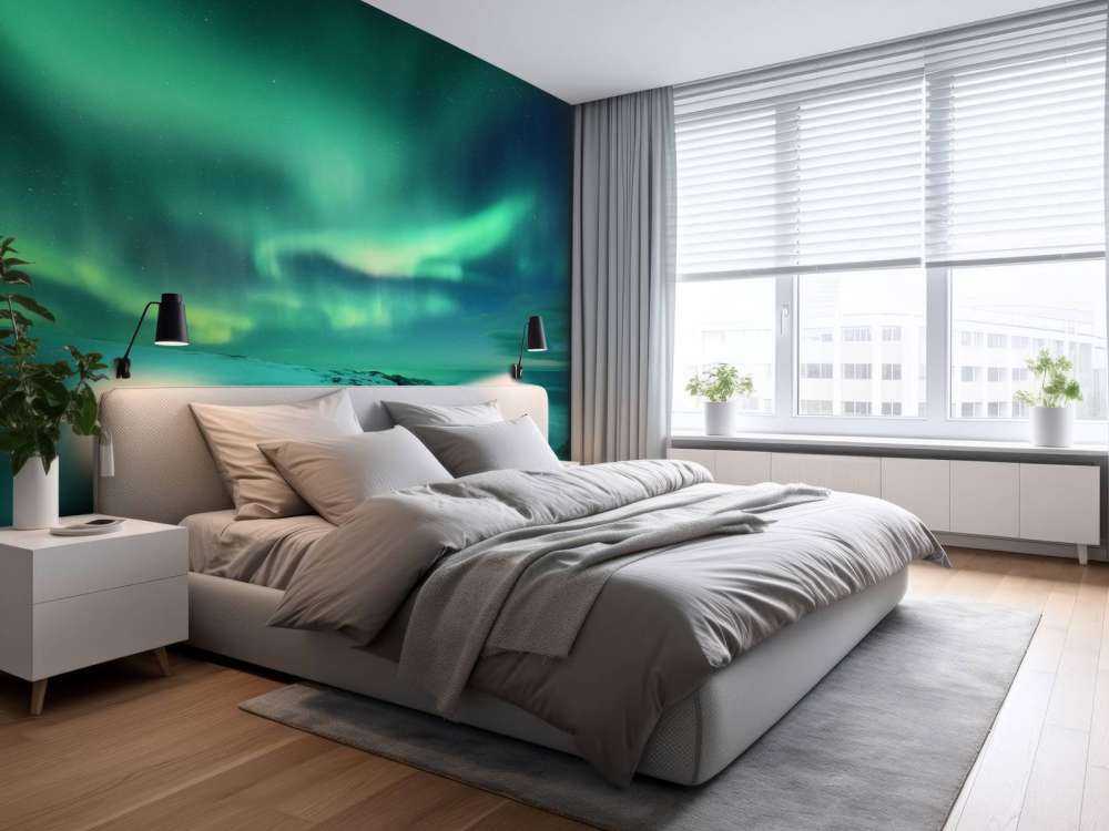 Aurora boreale verde sopra le rocce innevate