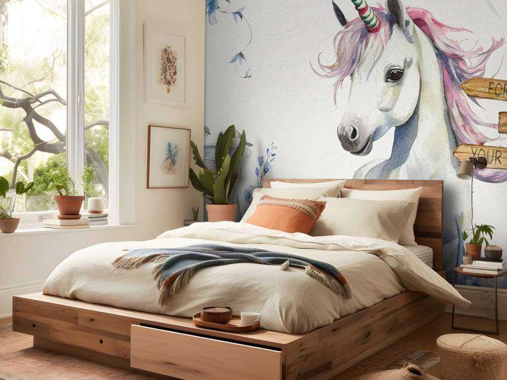 Baby unicorno con piante blu