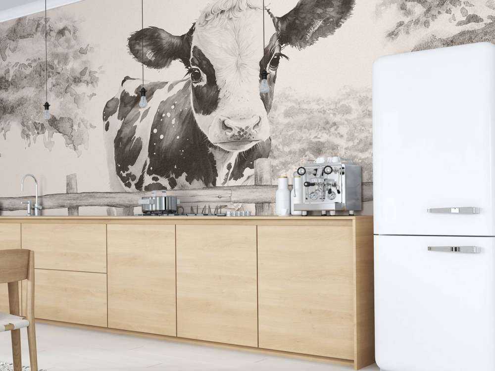 Baby mucca in un prato beige