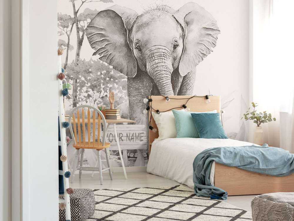 Baby elefante nella giungla beige