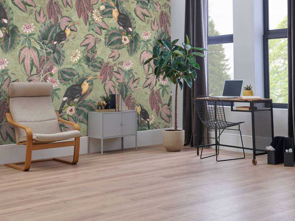 Uccelli e tucani della giungla tropicale - verde salvia