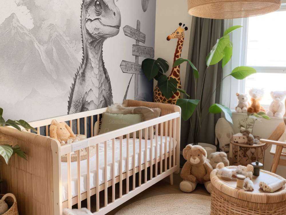 Baby velociraptor nella giungla beige