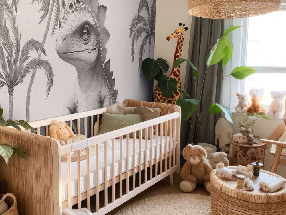 Baby stegosaurus nella giungla beige