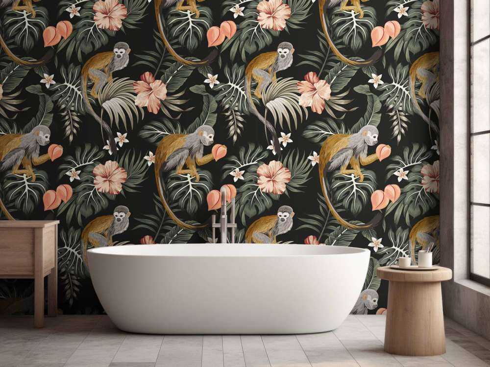 Foglie tropicali con le scimmie