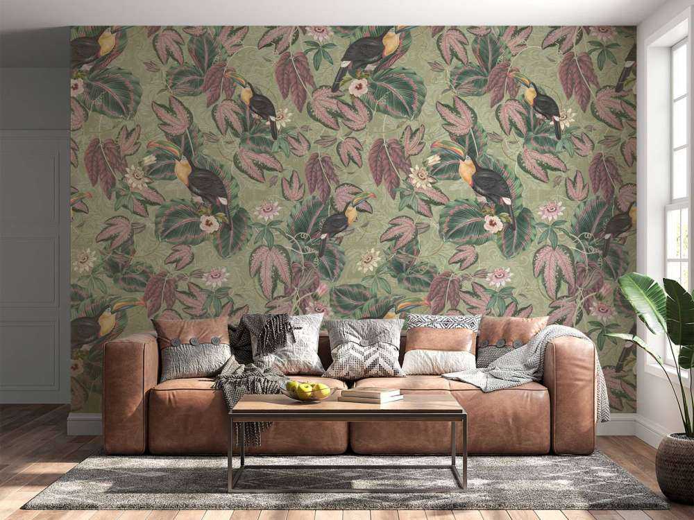 Uccelli e tucani della giungla tropicale - verde salvia