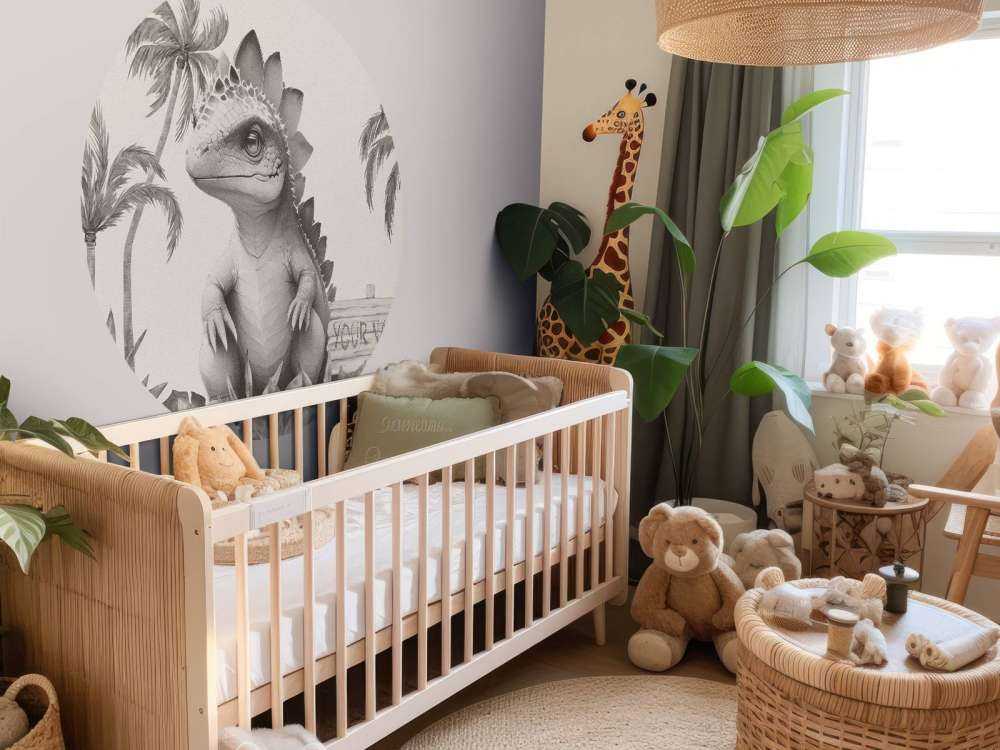 Baby stegosaurus nella giungla beige