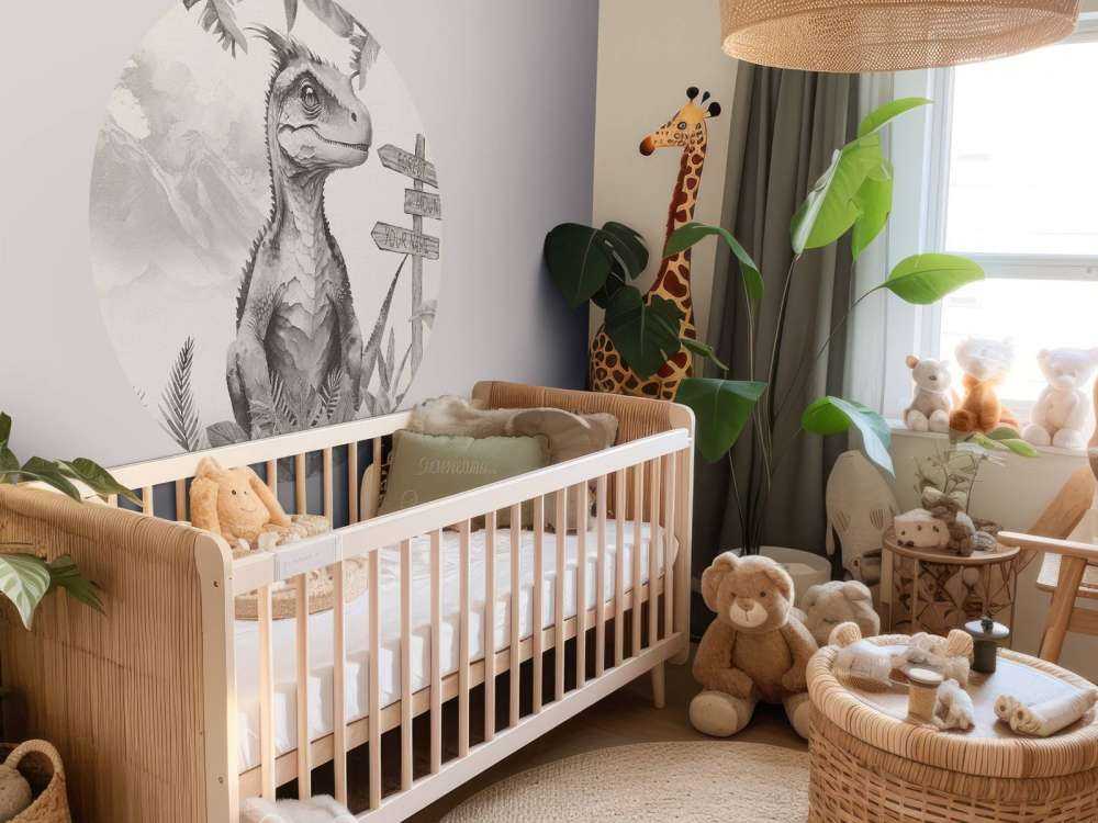 Baby velociraptor nella giungla beige