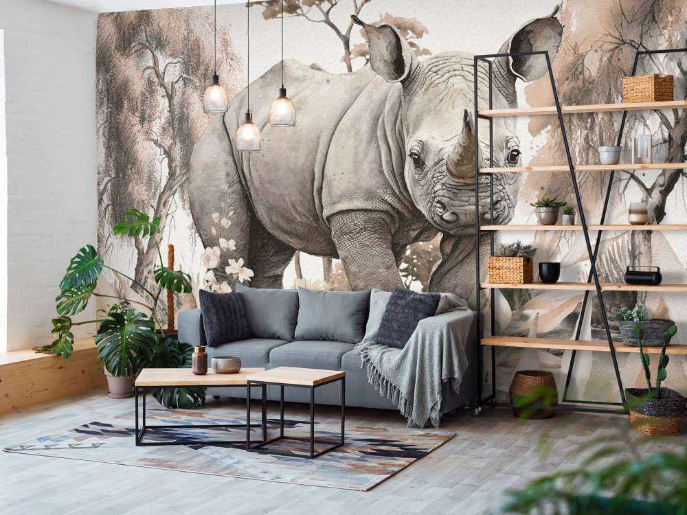 Cucciolo di rinoceronte nella savana grigio scuro