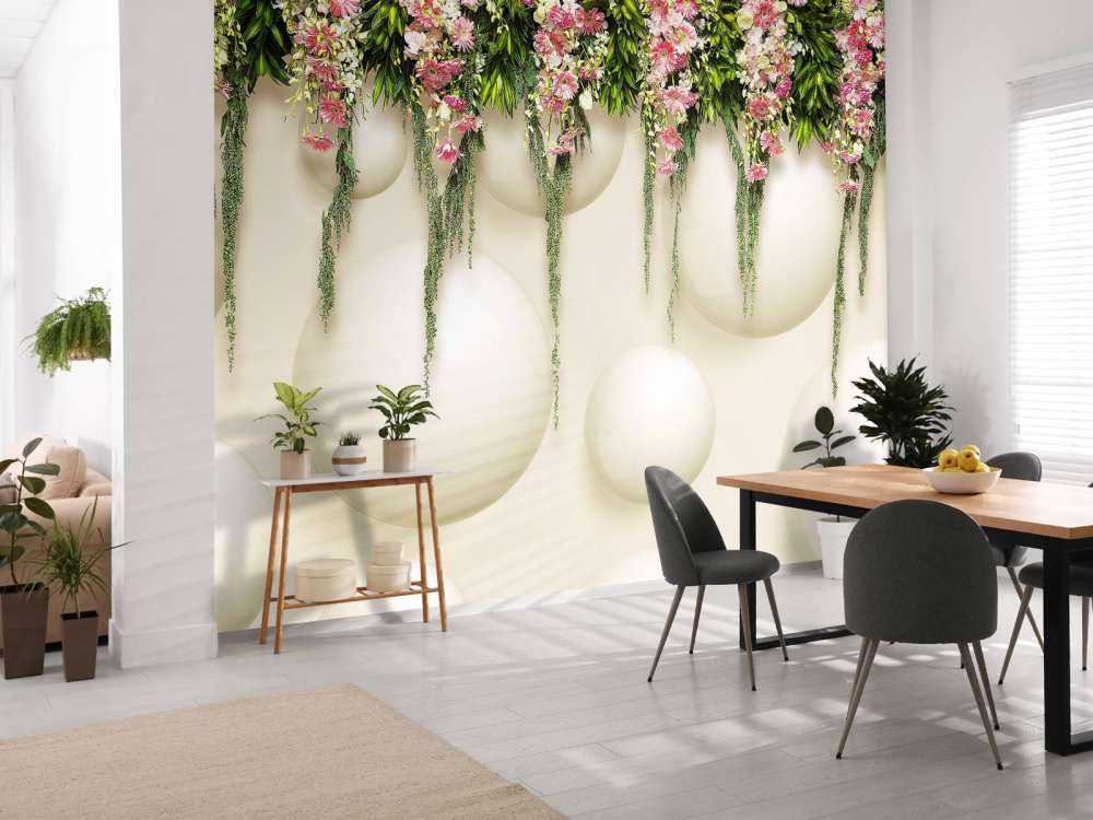 Colgando flores rosas en la pared 3D