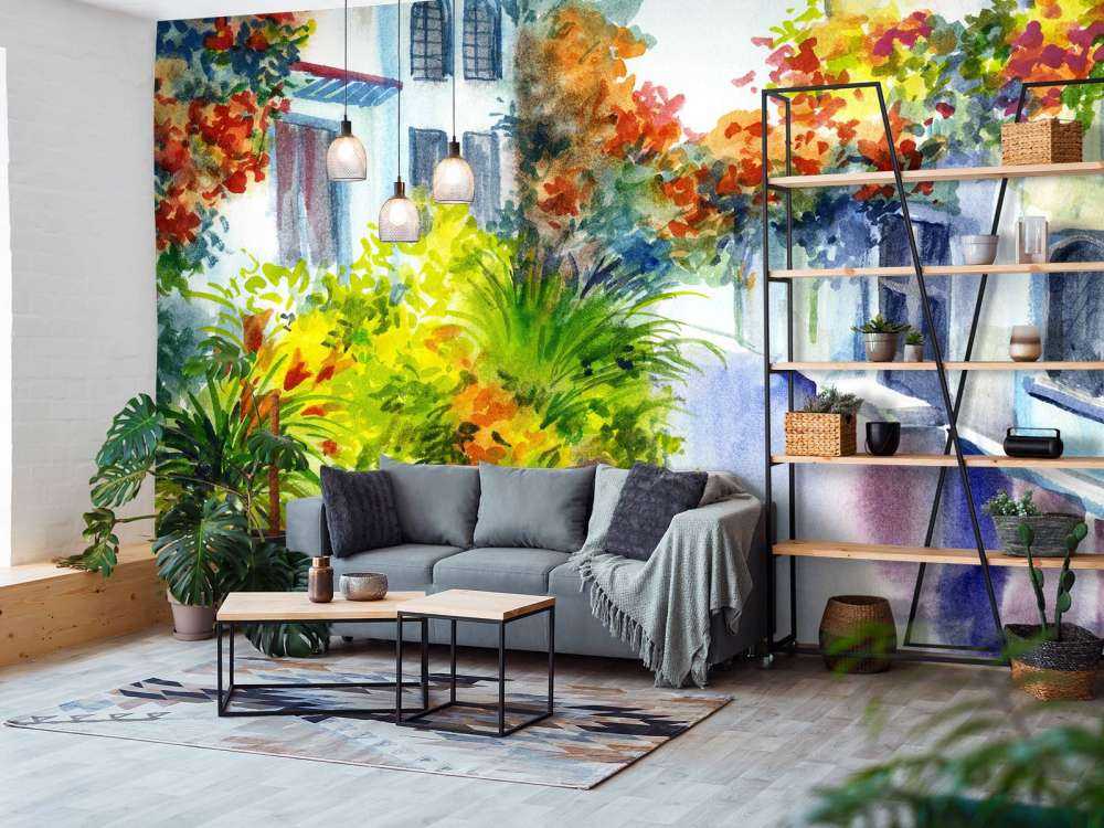 Fiori ed edifici ad acquerello