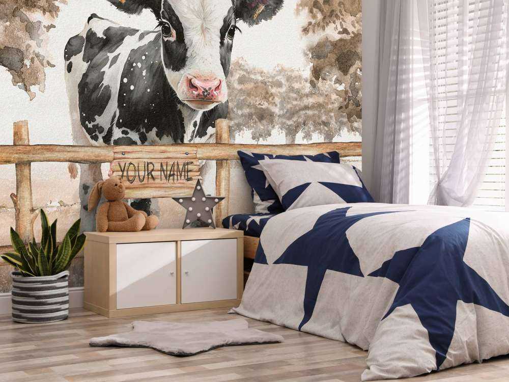 Giovane mucca in un prato grigio