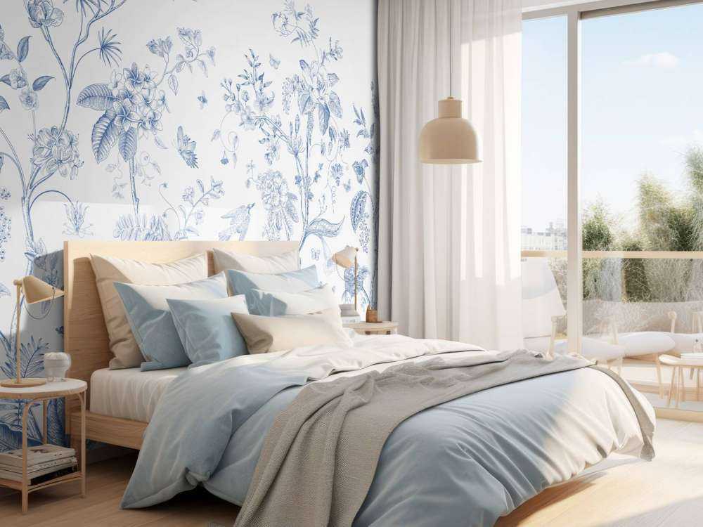 Illustrazione floreale, blu e bianco