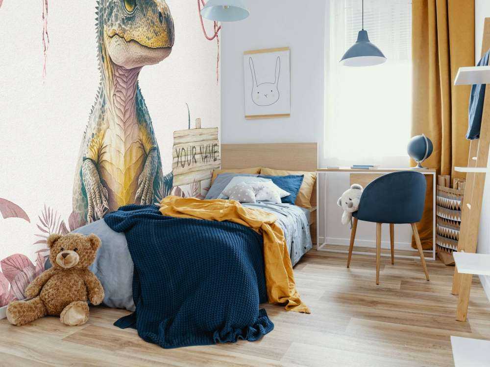 Baby t-rex nella giungla rosa