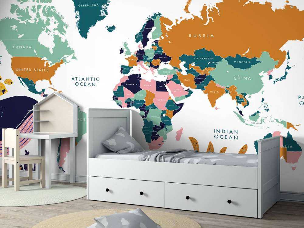 Mappa del mondo con animali dell'oceano