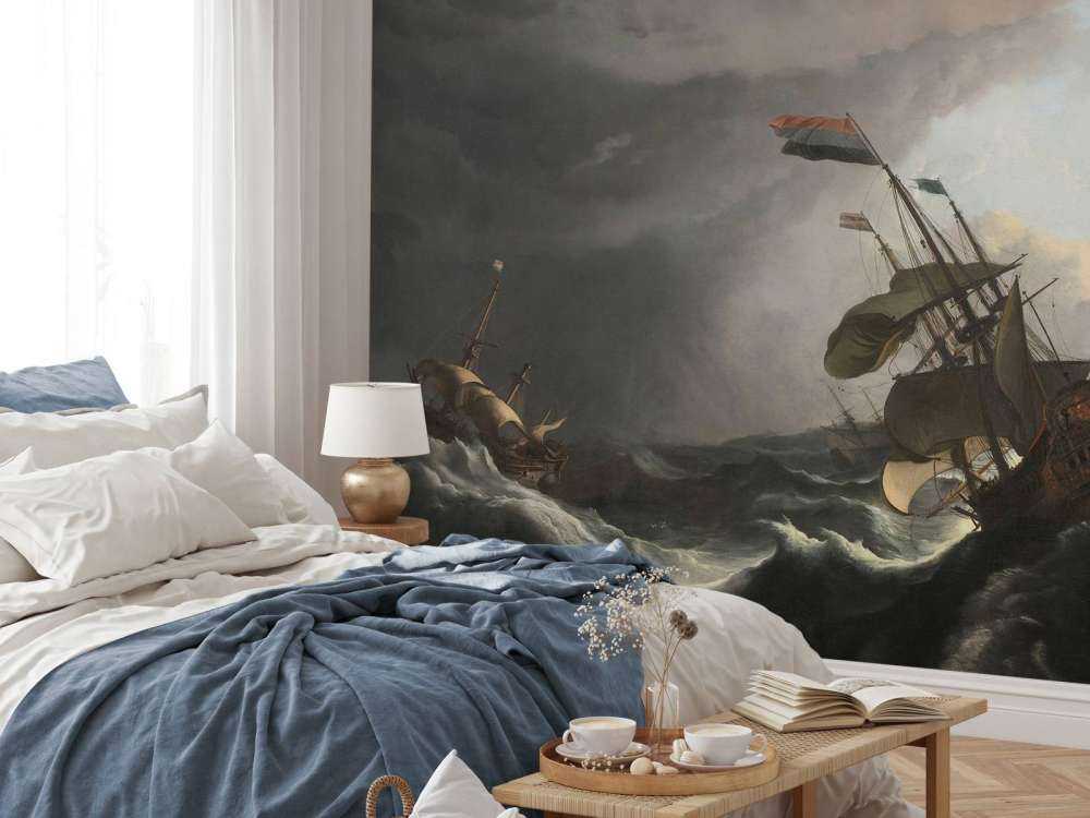 Navi da guerra durante una tempesta