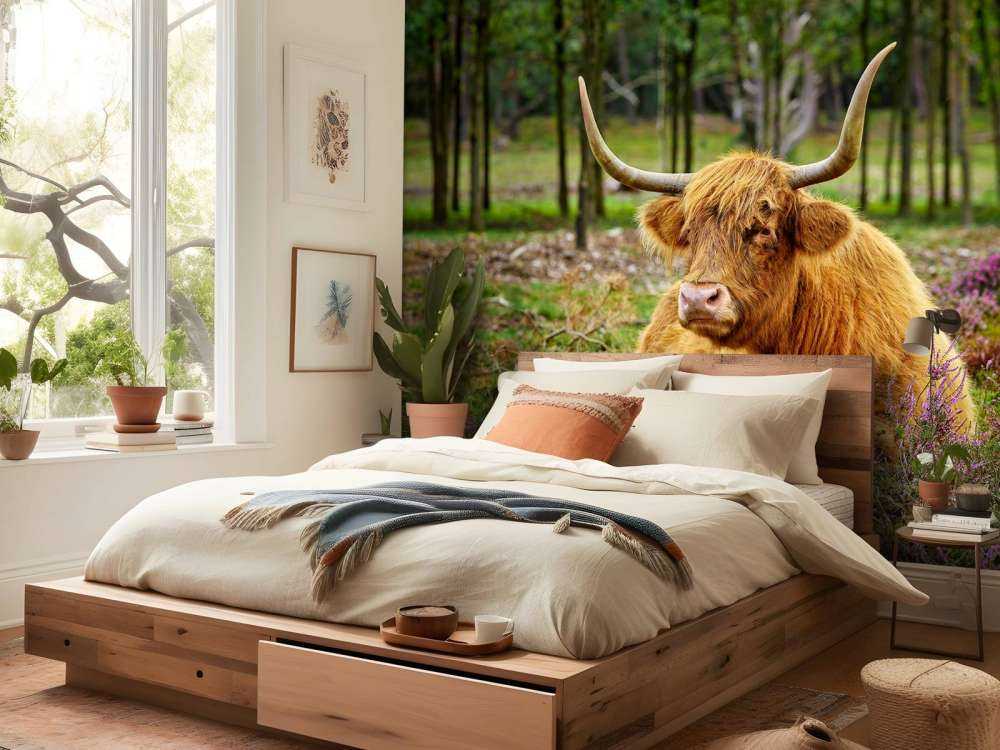 Highlander scozzese tra l'erica viola