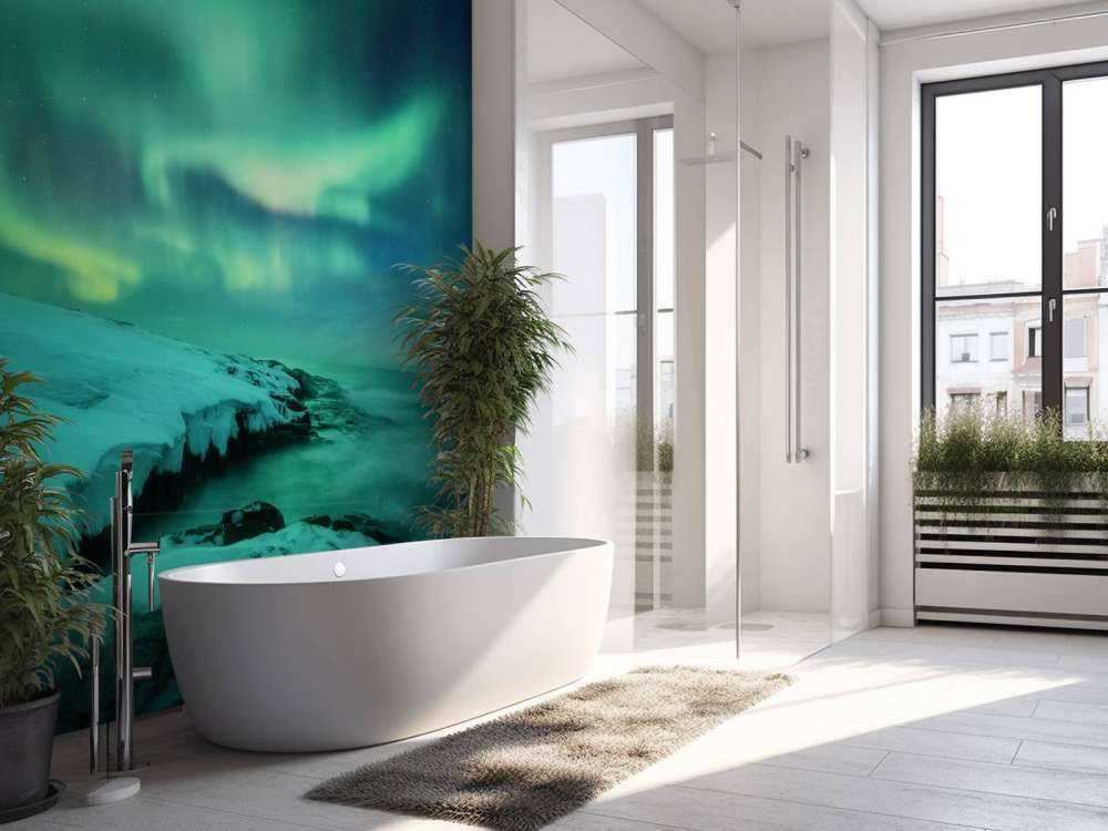 Aurora boreale verde sopra le rocce innevate