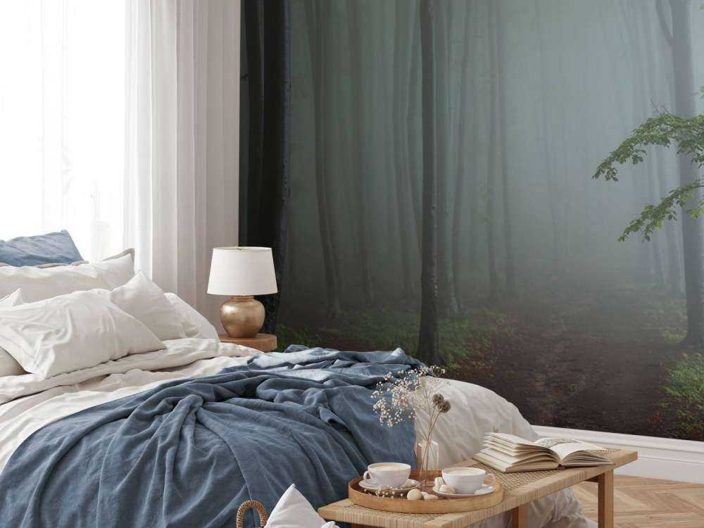 Panorama forestale nebbioso