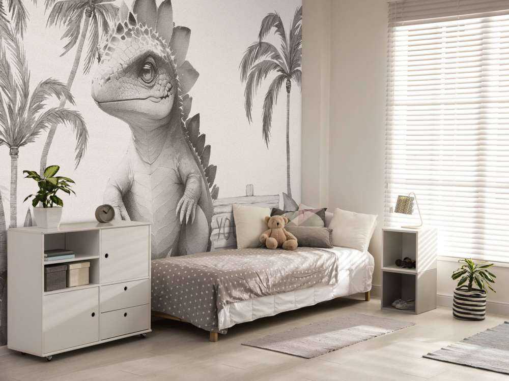 Baby stegosaurus nella giungla beige