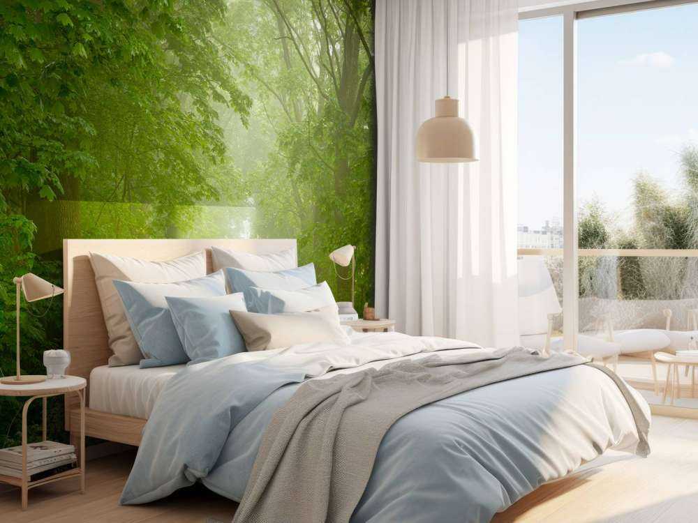 Foresta verde con sentiero nebbioso