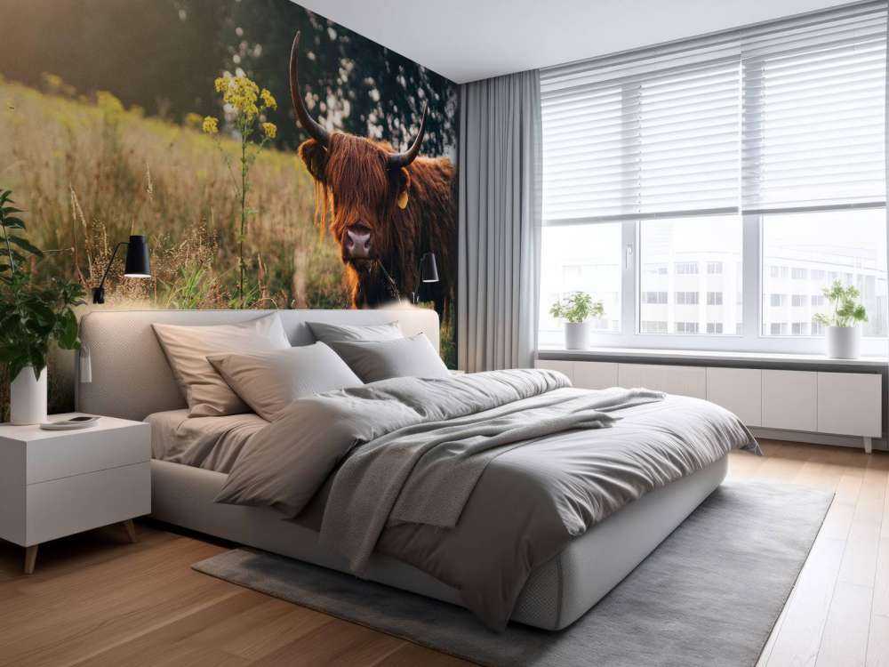 Highlander scozzese nell'erba alta