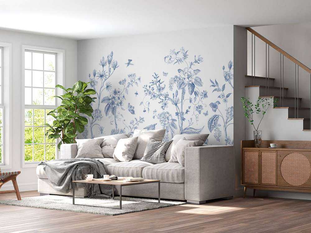 Illustrazione floreale, blu e bianco