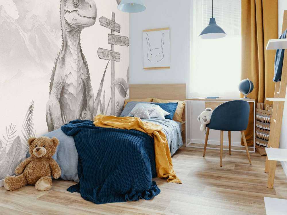 Baby velociraptor nella giungla beige