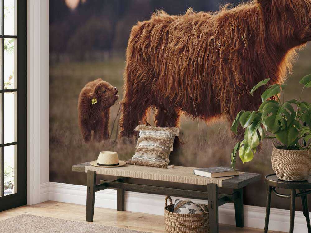 Highlanders scozzesi nel prato