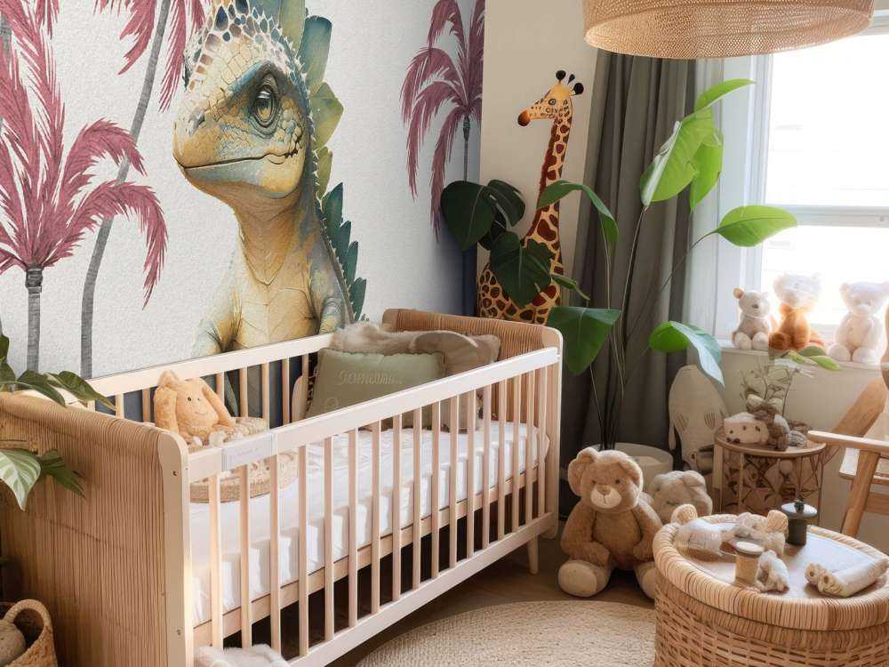 Baby stegosaurus nella giungla rosa