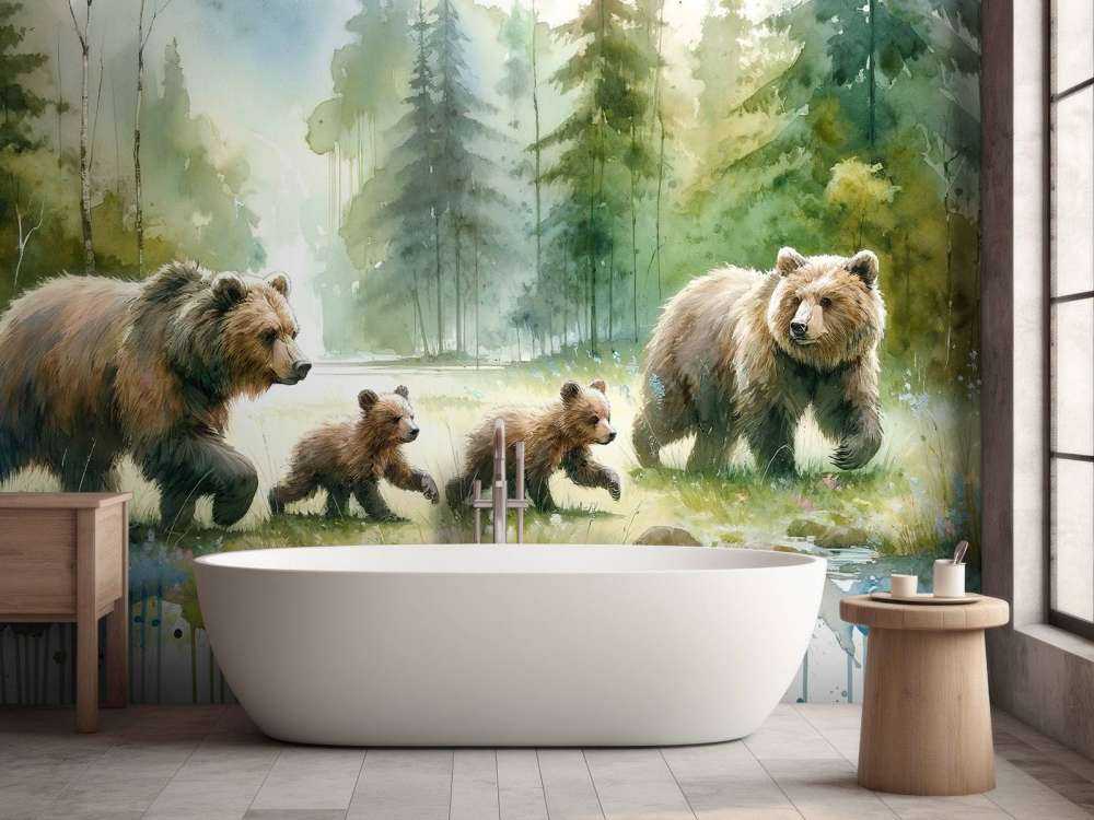 Watercolor Bear Family In The Forest