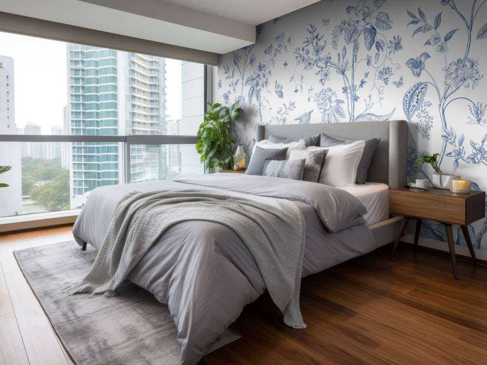 Illustrazione floreale, blu e bianco