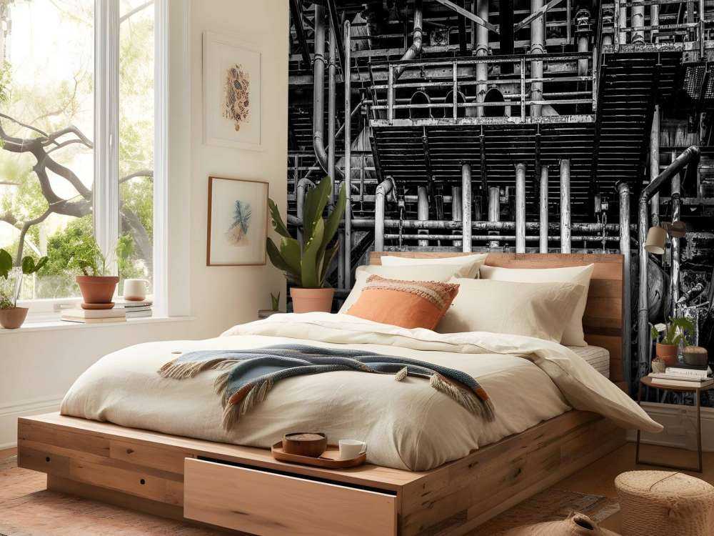 Vecchia fabbrica industriale in bianco e nero