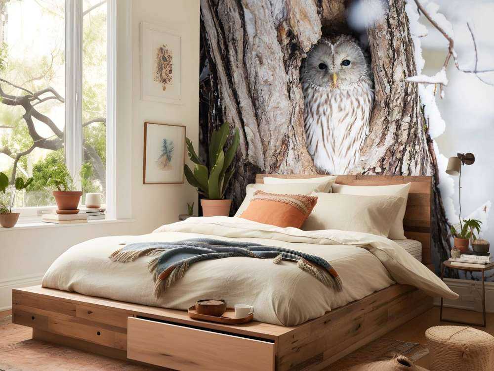 Gufo bianco in un albero cavo