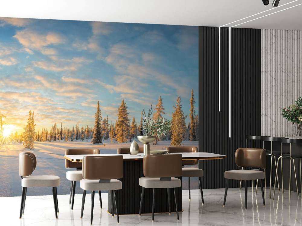 Paesaggio di neve al tramonto