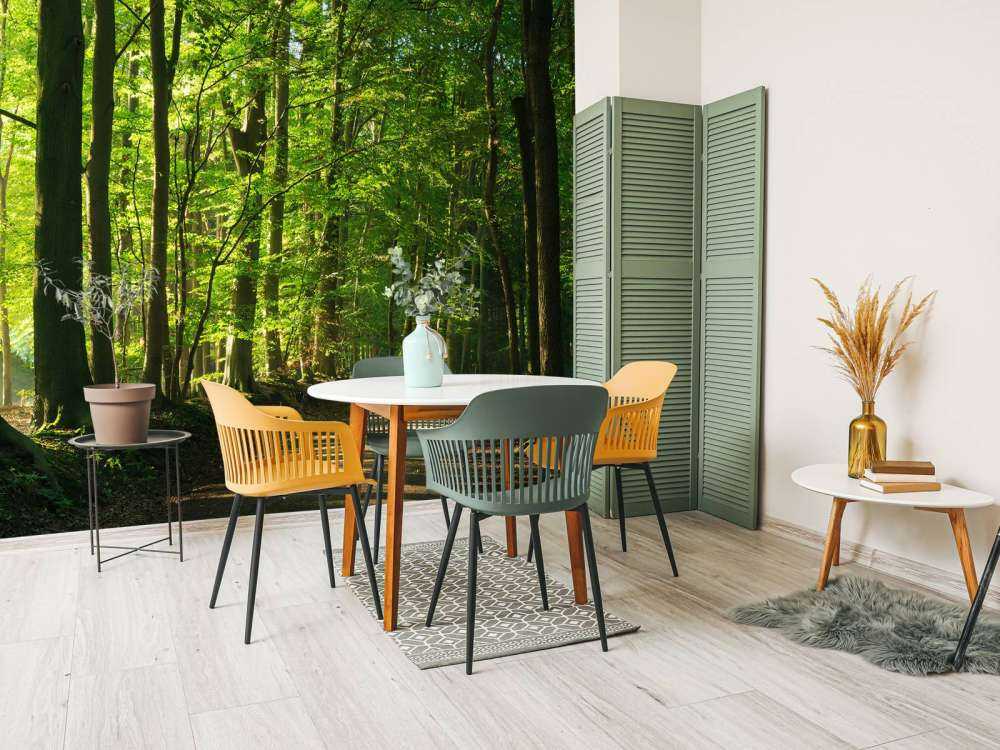 Strada soleggiata attraverso una foresta