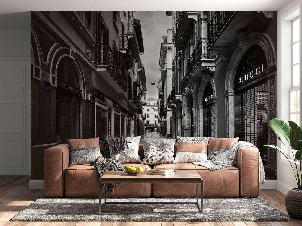 Strada dello shopping in bianco e nero